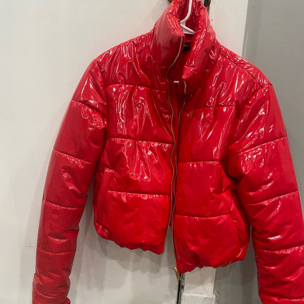 Red puffer jacket